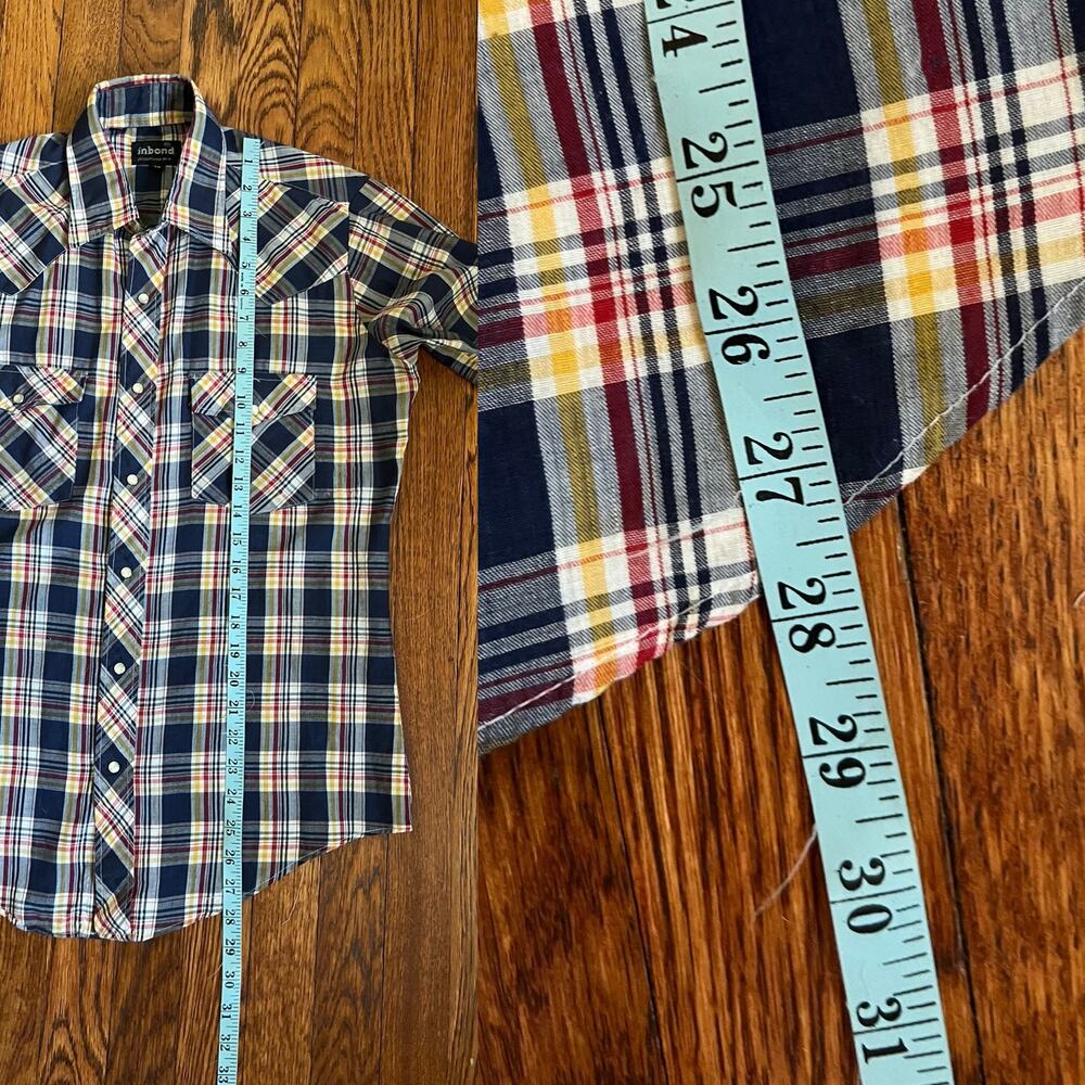 Vintage 70s Men's Plaid Pearl Snap Shirt Size 38 Blue Yellow Americana 38 Unisex - Picture 14 of 17